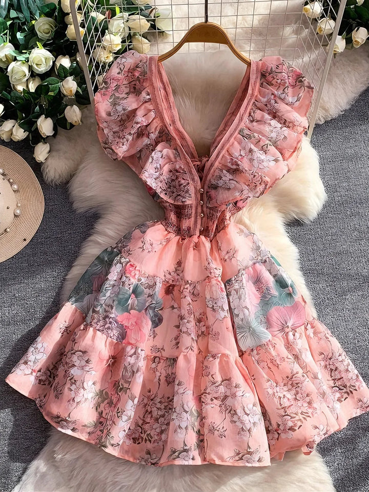 A-Line/Princess V-Neck Floral Wedding Guest Dresses Short/Mini Sleeveless Ruffles