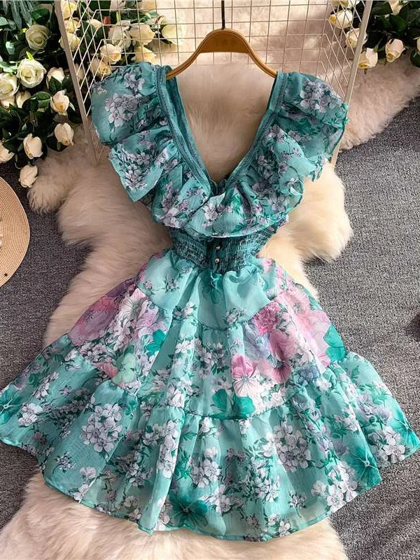 A-Line/Princess V-Neck Floral Wedding Guest Dresses Short/Mini Sleeveless Ruffles