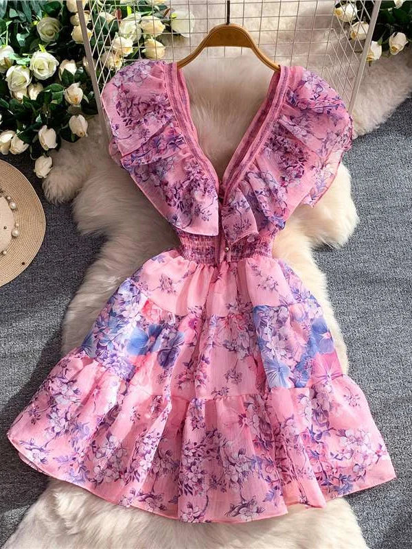 A-Line/Princess V-Neck Floral Wedding Guest Dresses Short/Mini Sleeveless Ruffles