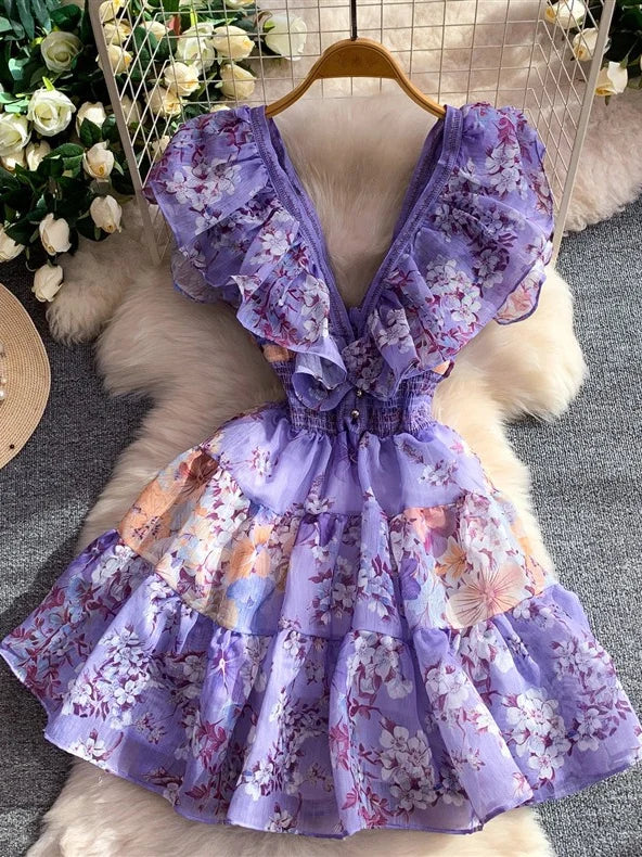 A-Line/Princess V-Neck Floral Wedding Guest Dresses Short/Mini Sleeveless Ruffles
