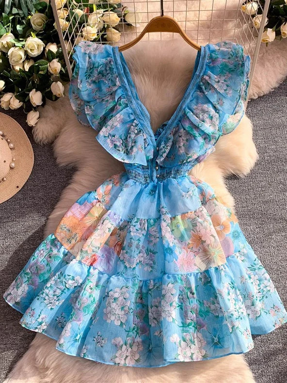 A-Line/Princess V-Neck Floral Wedding Guest Dresses Short/Mini Sleeveless Ruffles