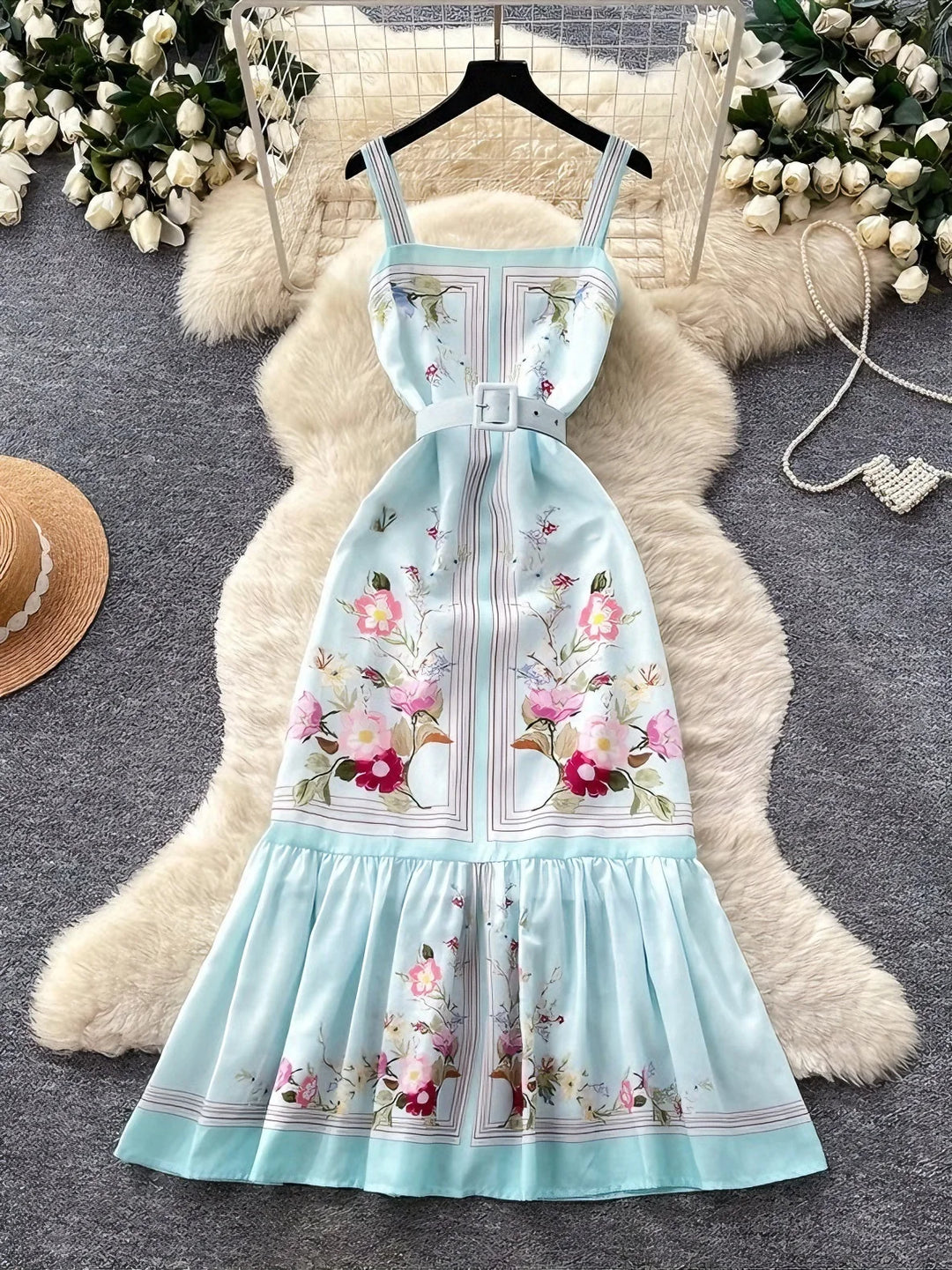 A-Line/Princess Square Neck Floral Wedding Guest Dresses Tea-Length Sleeveless with Belt