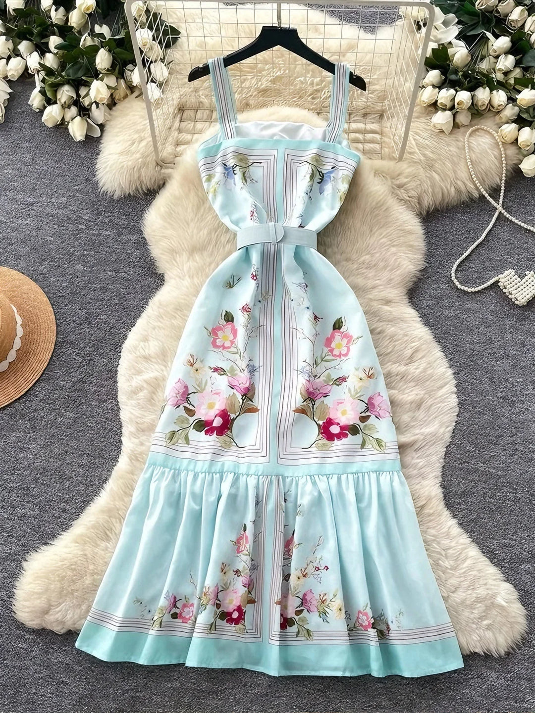 A-Line/Princess Square Neck Floral Wedding Guest Dresses Tea-Length Sleeveless with Belt