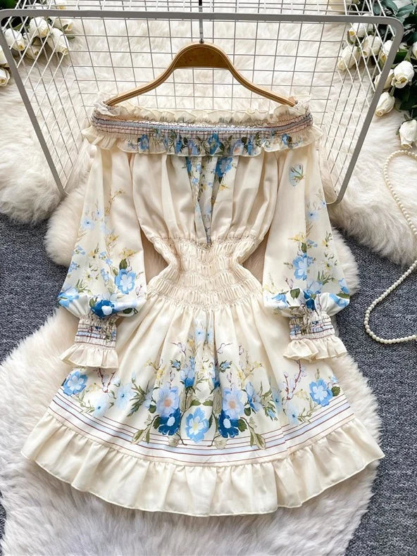 A-Line/Princess  Floral Off-the-Shoulder Wedding Guest Dresses Knee-Length Long Sleeves