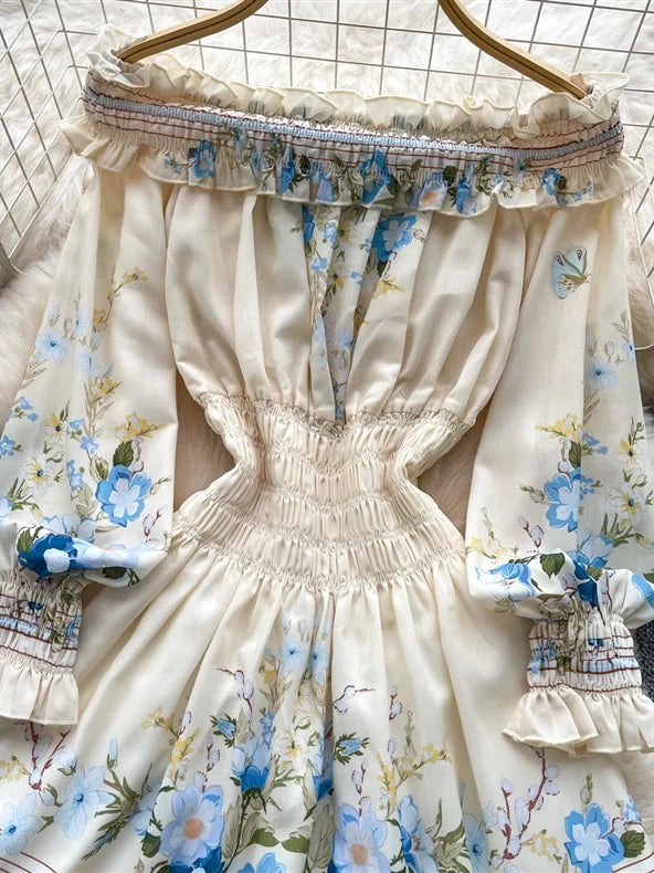 A-Line/Princess  Floral Off-the-Shoulder Wedding Guest Dresses Knee-Length Long Sleeves