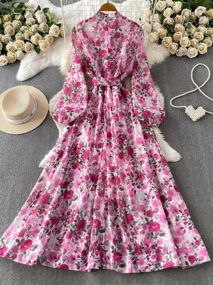A-Line/Princess Mock Neck Floral Wedding Guest Dresses Tea-Length Long Sleeves Rhinestones