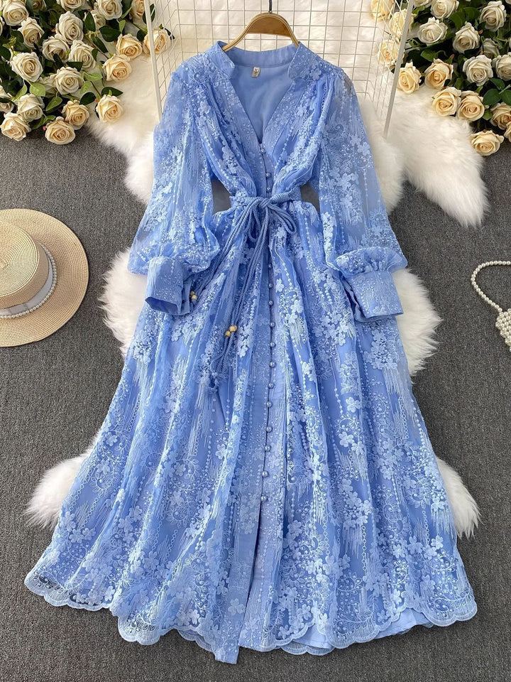 A-Line/Princess Mock Neck Floral Lace Wedding Guest Dresses Tea-Length Long Sleeves with Belt