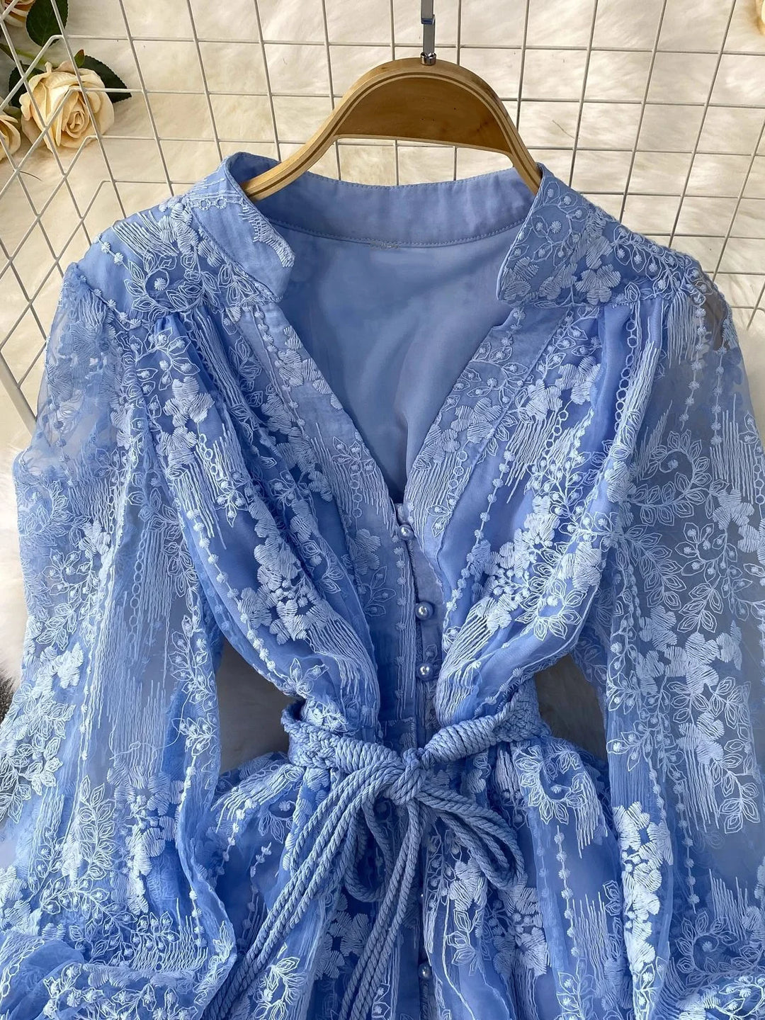 A-Line/Princess Mock Neck Floral Lace Wedding Guest Dresses Tea-Length Long Sleeves with Belt