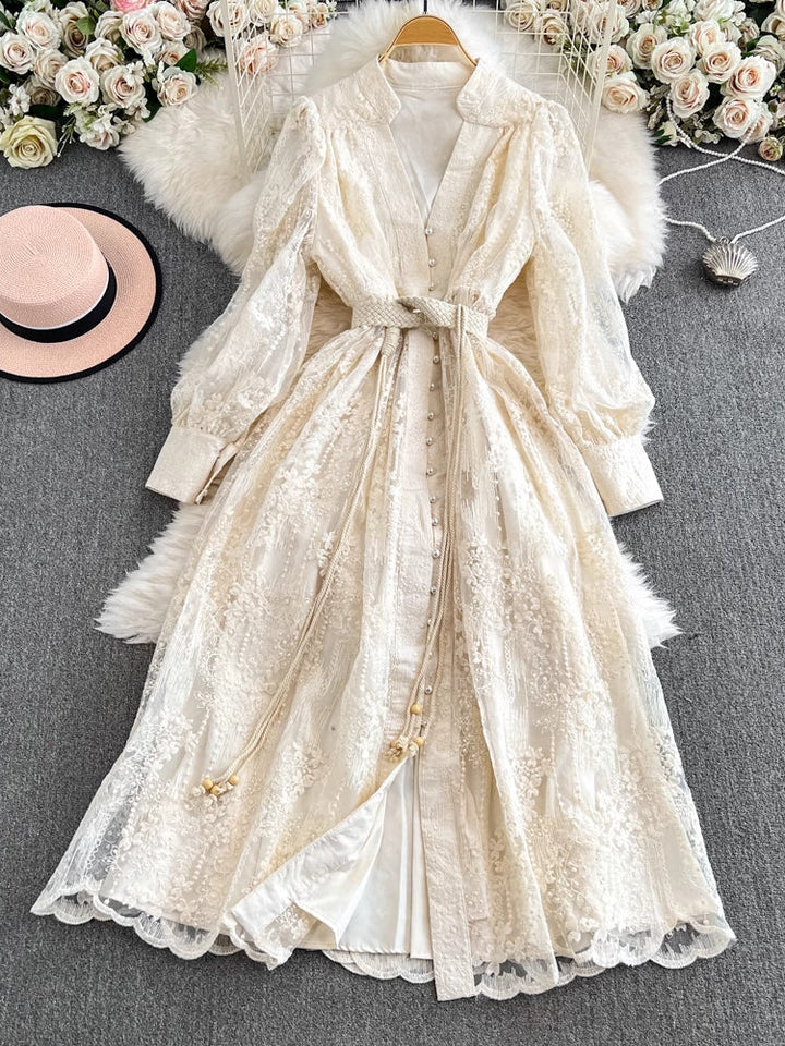 A-Line/Princess Mock Neck Floral Lace Wedding Guest Dresses Tea-Length Long Sleeves with Belt