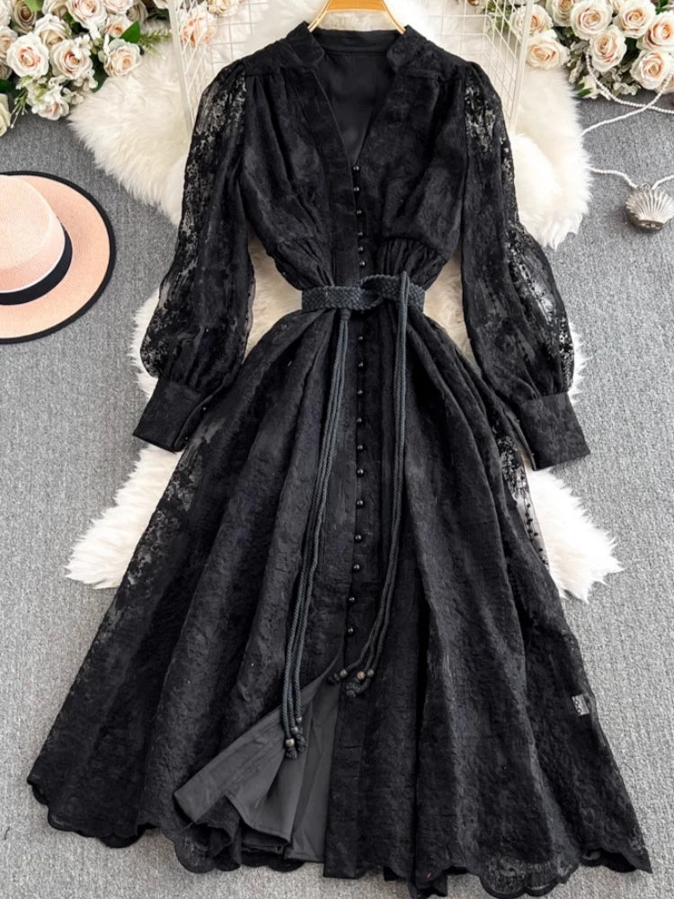 A-Line/Princess Mock Neck Floral Lace Wedding Guest Dresses Tea-Length Long Sleeves with Belt