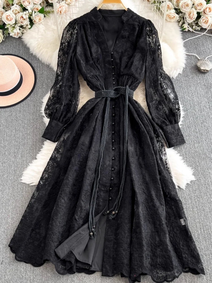 A-Line/Princess Mock Neck Floral Lace Wedding Guest Dresses Tea-Length Long Sleeves with Belt