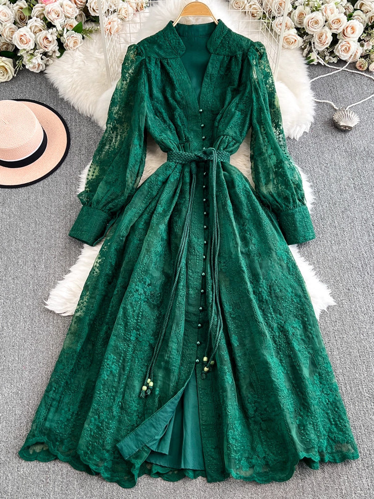 A-Line/Princess Mock Neck Floral Lace Wedding Guest Dresses Tea-Length Long Sleeves with Belt