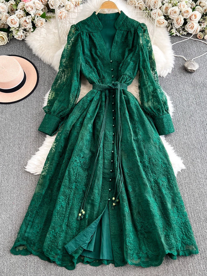 A-Line/Princess Mock Neck Floral Lace Wedding Guest Dresses Tea-Length Long Sleeves with Belt