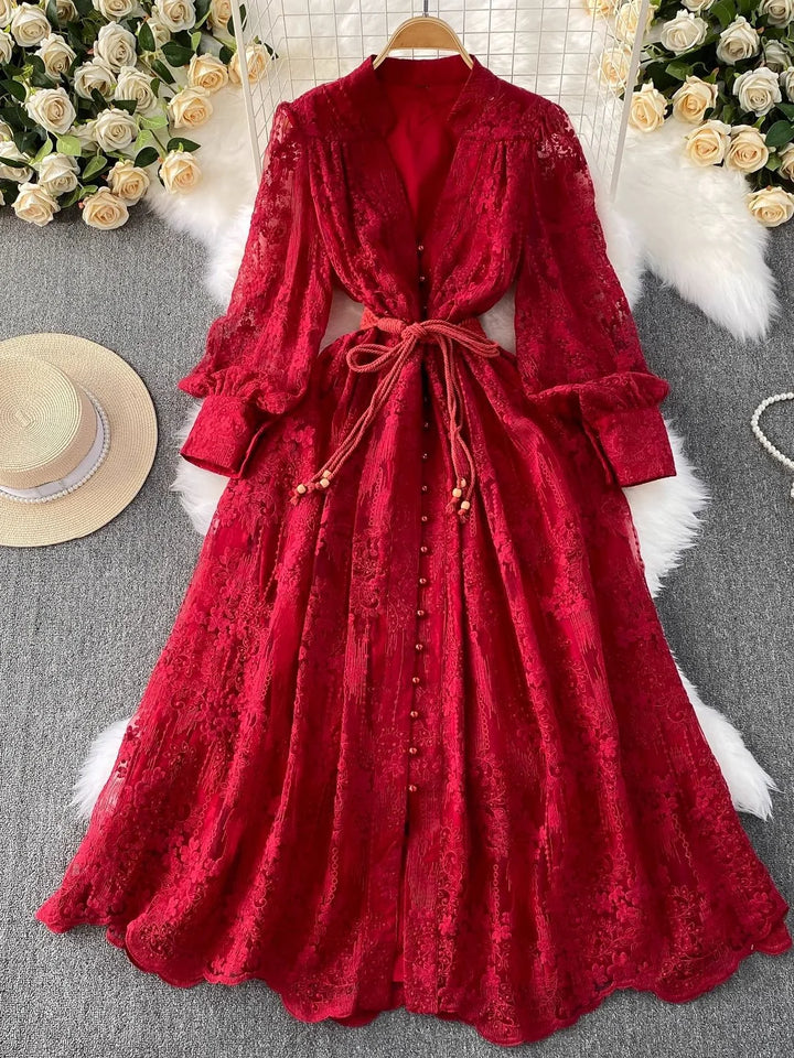 A-Line/Princess Mock Neck Floral Lace Wedding Guest Dresses Tea-Length Long Sleeves with Belt