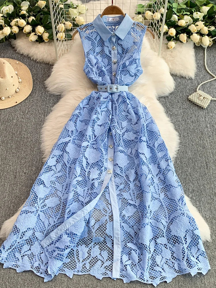 A-Line/Princess Shirt Collar Floral Lace Wedding Guest Dresses Tea-Length Sleeveless with Belt&Rhinestones Buttons