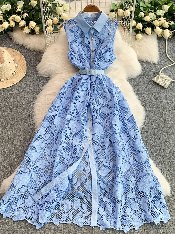 A-Line/Princess Shirt Collar Floral Lace Wedding Guest Dresses Tea-Length Sleeveless with Belt&Rhinestones Buttons