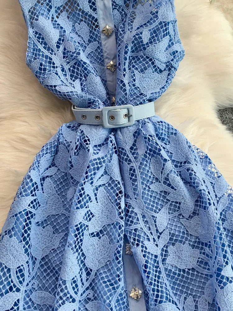 A-Line/Princess Shirt Collar Floral Lace Wedding Guest Dresses Tea-Length Sleeveless with Belt&Rhinestones Buttons