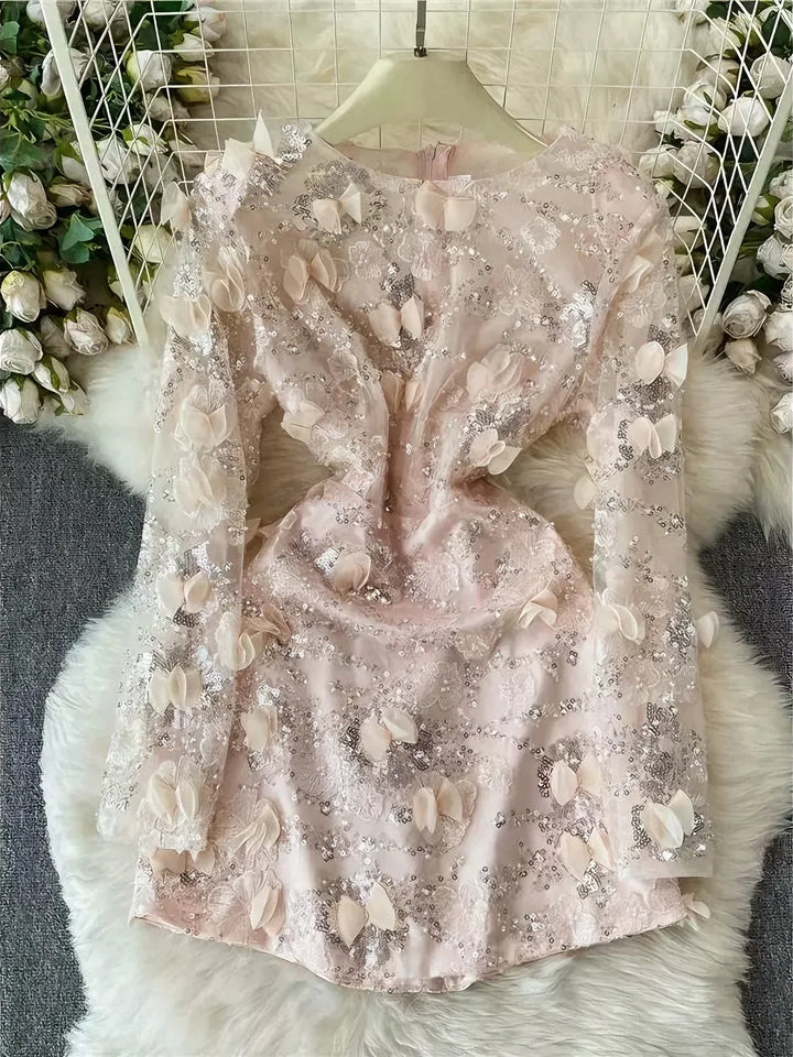 A-Line/Princess Scoop Floral Lace Wedding Guest Dresses Short/Mini Long Sleeves Sequins