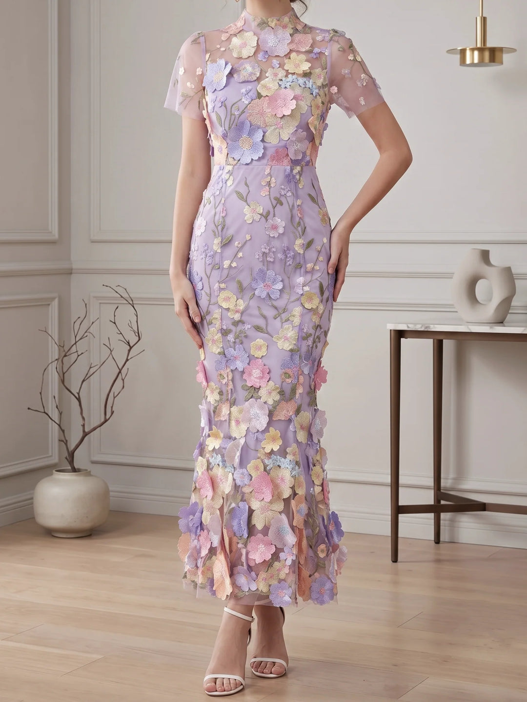 Sheath/Column Mock Neck Floral Lace Wedding Guest Dresses Ankle-Length Short Sleeves