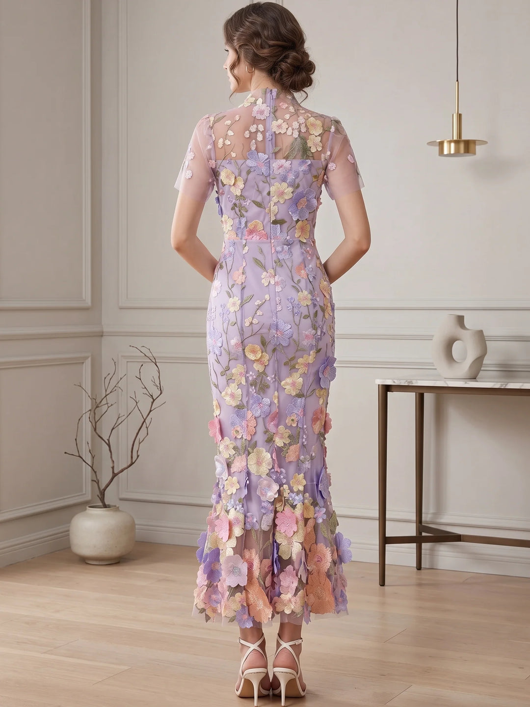 Sheath/Column Mock Neck Floral Lace Wedding Guest Dresses Ankle-Length Short Sleeves