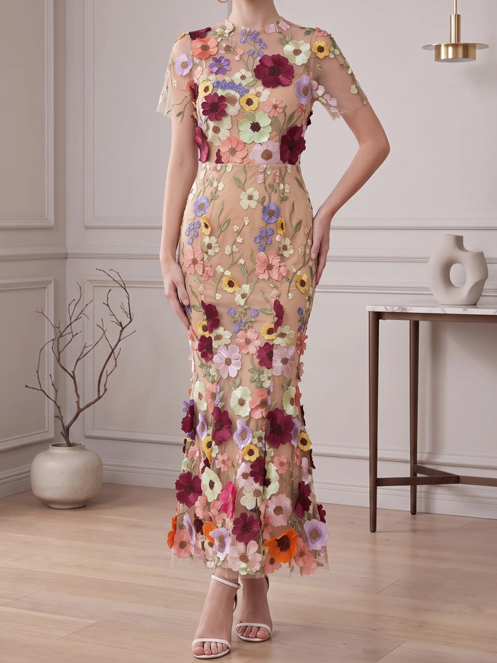 Sheath/Column Mock Neck Floral Lace Wedding Guest Dresses Ankle-Length Short Sleeves