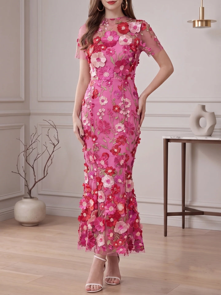 Sheath/Column Mock Neck Floral Lace Wedding Guest Dresses Ankle-Length Short Sleeves