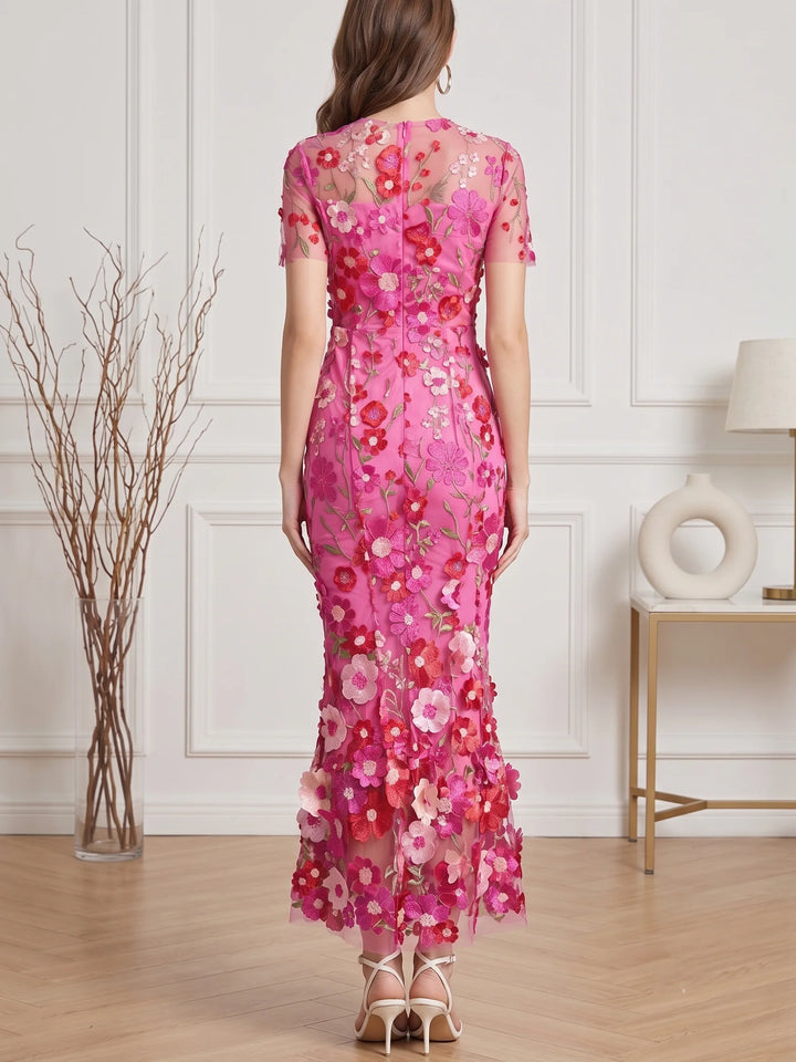 Sheath/Column Mock Neck Floral Lace Wedding Guest Dresses Ankle-Length Short Sleeves