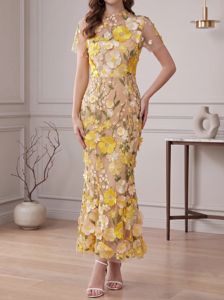Sheath/Column Mock Neck Floral Lace Wedding Guest Dresses Ankle-Length Short Sleeves