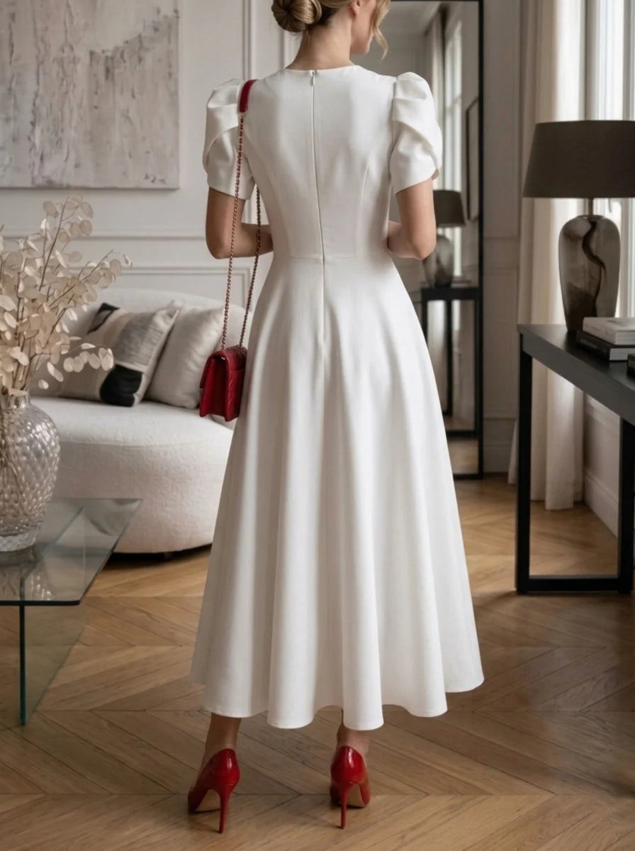 A-Line/Princess Jewel Neck Stretch Satin Cocktail Dresses Tea-Length Short Puffy Sleeves Little White Dresses Party Dresses