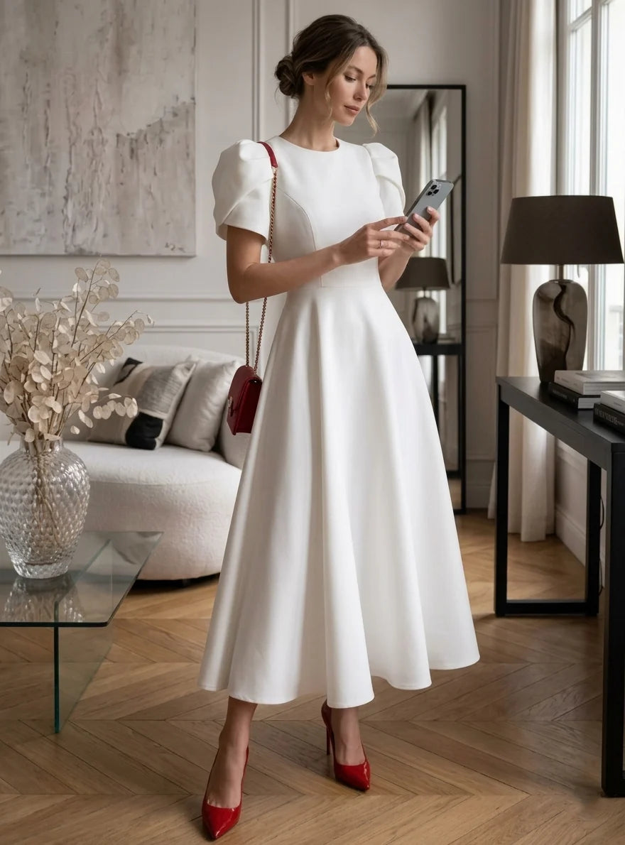 A-Line/Princess Jewel Neck Stretch Satin Cocktail Dresses Tea-Length Short Puffy Sleeves Little White Dresses Party Dresses