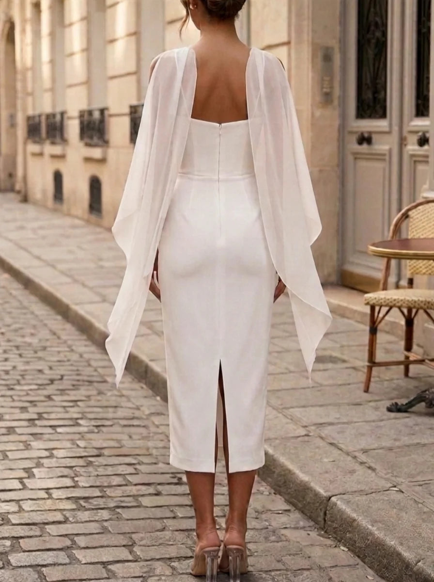 Sheath/Column Spaghetti Straps Stretch Satin Cocktail Dresses with Scarf Tea-Length Sleeveless Little White Dresses Party Dresses