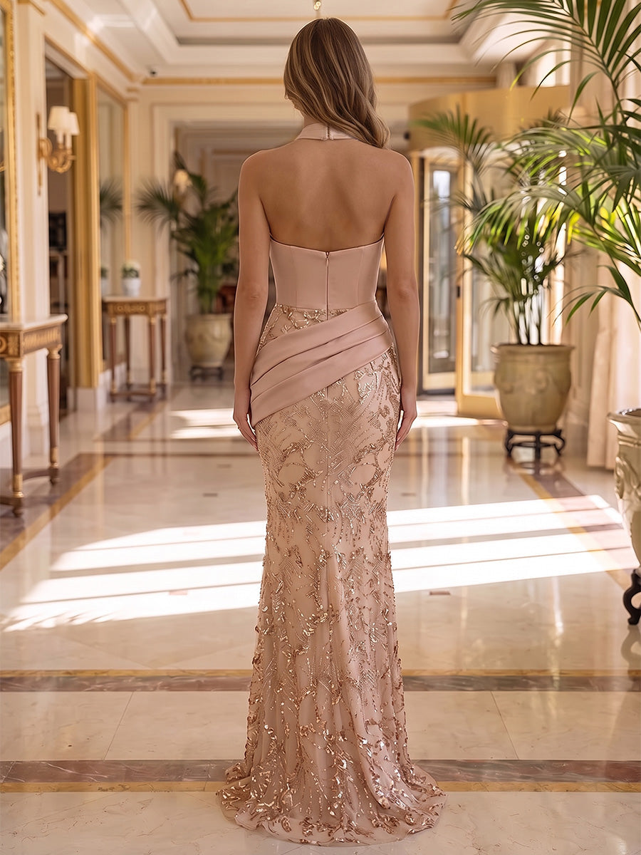 Trumpet/Mermaid Halter Satin Evening Dresses Sequins Floor-Length Sleeveless Formal Dresses