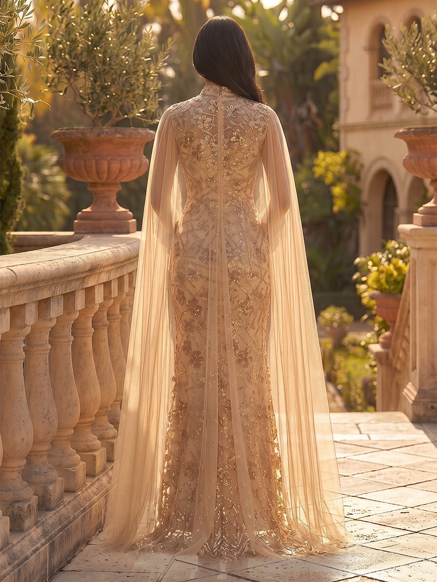 Trumpet/Mermaid Mock Neck Evening Dresses Sequins Floor-Length Sleeveless Formal Dresses