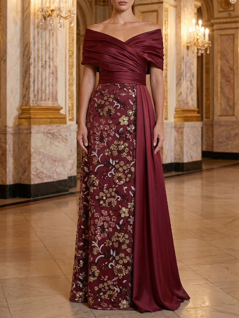 A-Line/Princess Off-the-Shoulder Satin Evening Dresses Floral Floor-Length Sleeveless Formal Dresses