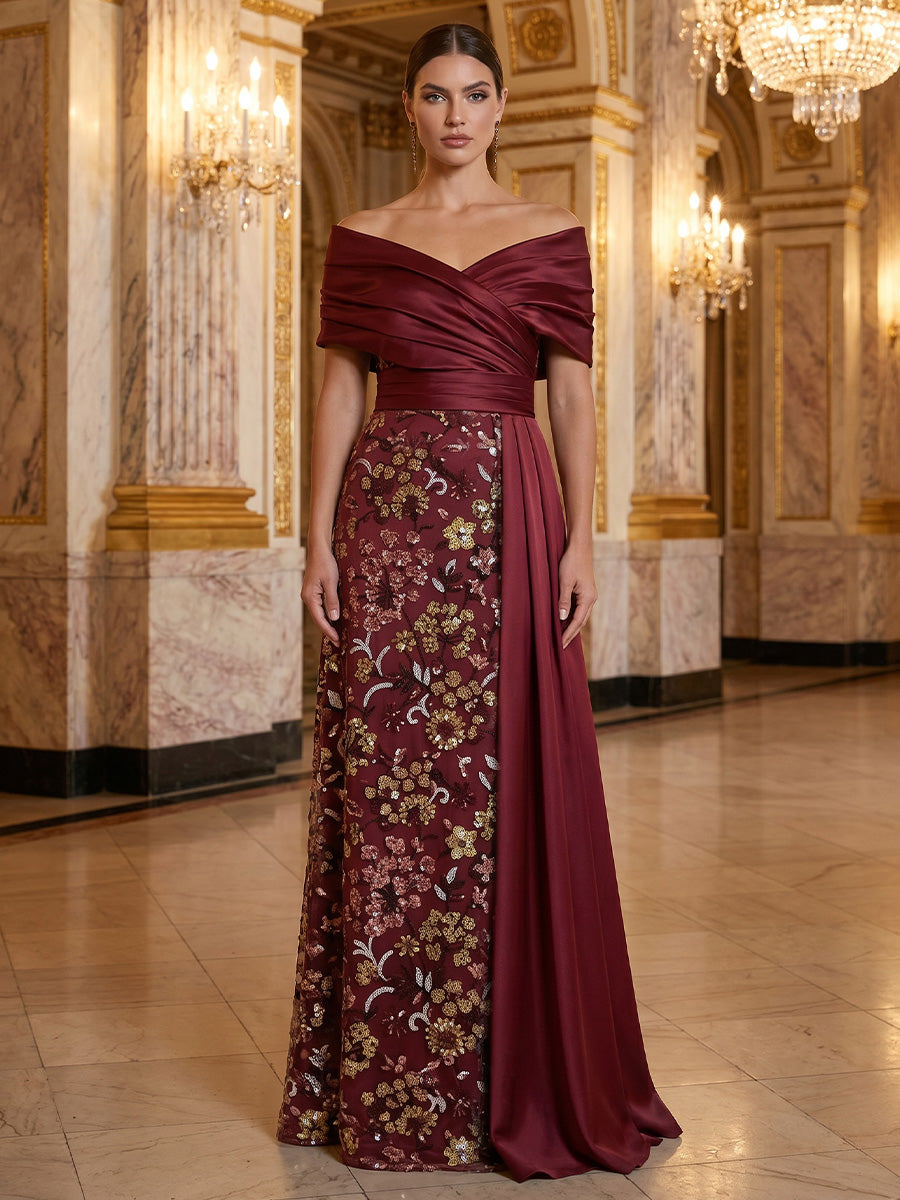 A-Line/Princess Off-the-Shoulder Satin Evening Dresses Floral Floor-Length Sleeveless Formal Dresses