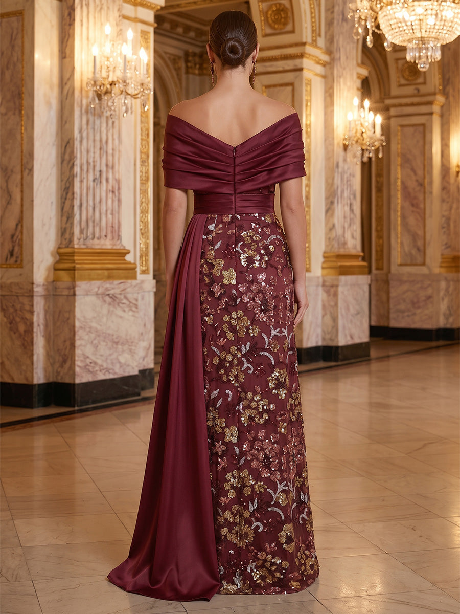 A-Line/Princess Off-the-Shoulder Satin Evening Dresses Floral Floor-Length Sleeveless Formal Dresses