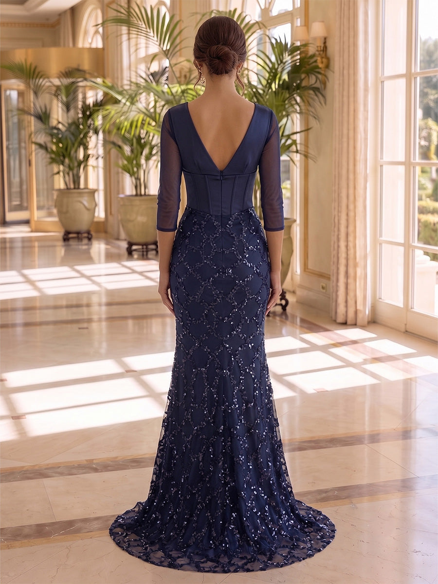 Trumpet/Mermaid V-Neck Satin Evening Dresses Sequins Floor-Length 3/4 Sleeves Formal Dresses