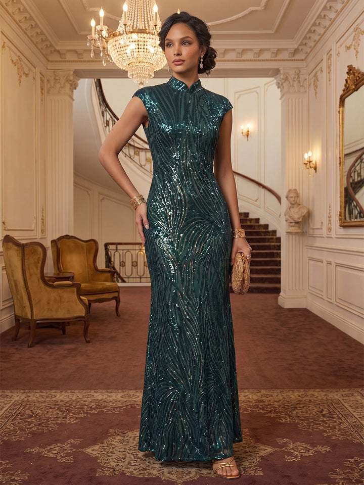 Sheath/Column Mock Neck Sequins Formal Dresses Ankle-Length Short Sleeves Evening Dresses