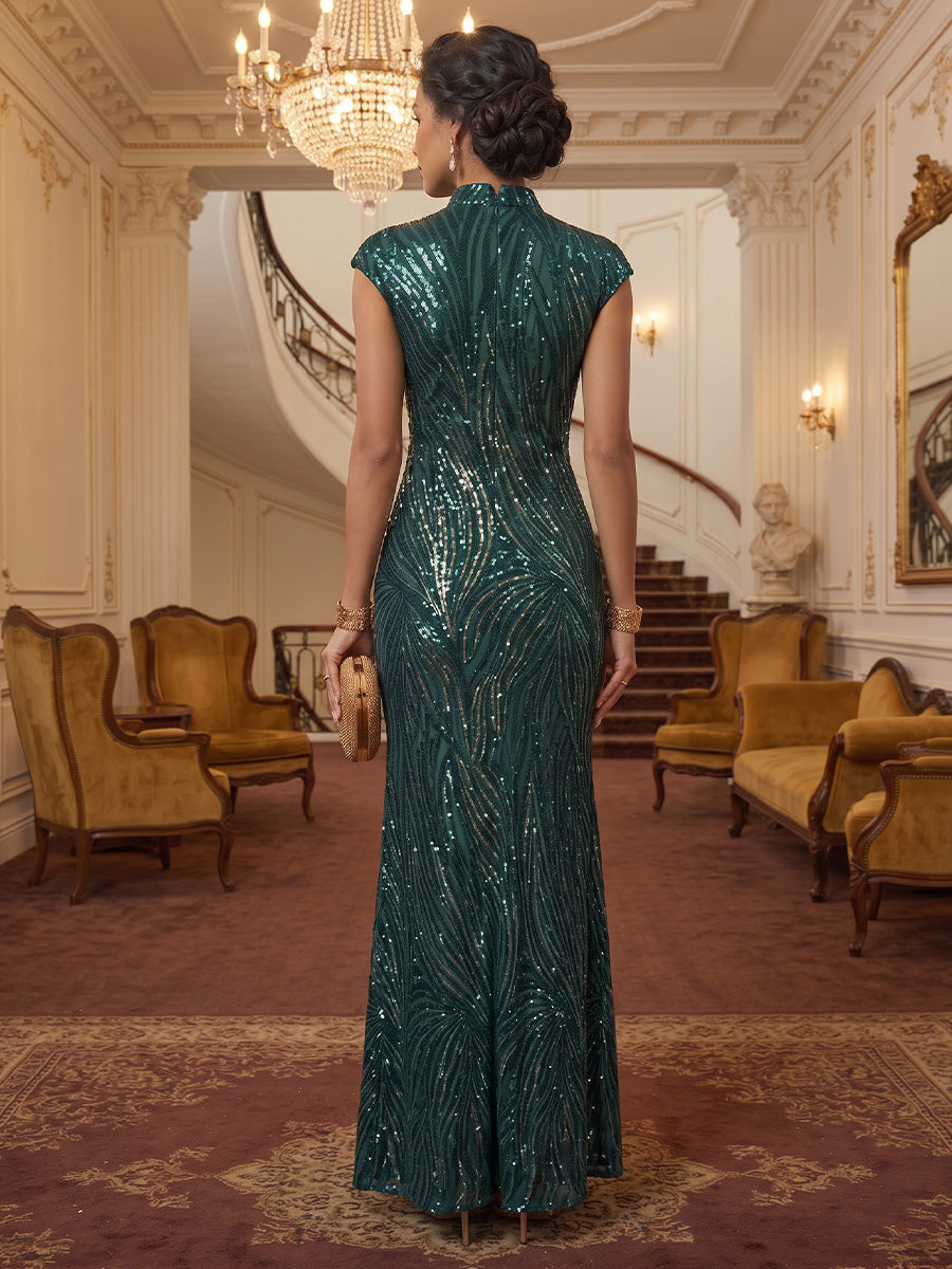Sheath/Column Mock Neck Sequins Formal Dresses Ankle-Length Short Sleeves Evening Dresses
