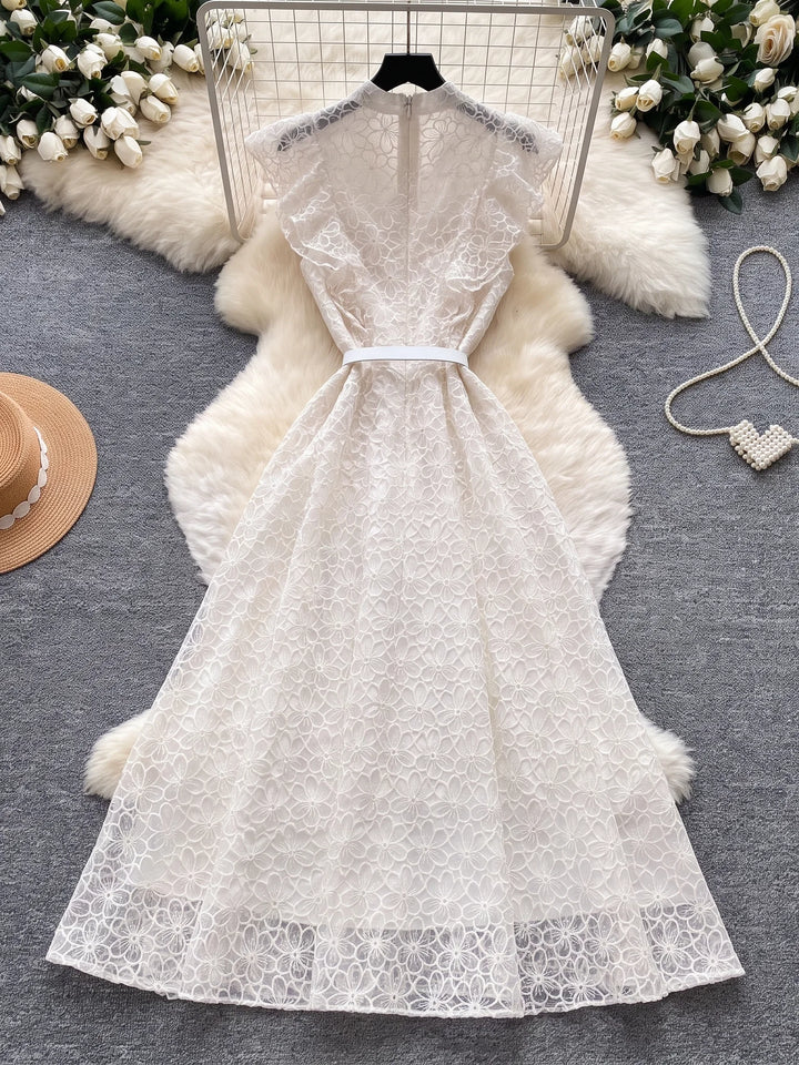 A-Line/Princess V-Neck Lace Floral Wedding Guest Dresses Tea-Length Sleeveless with Belt