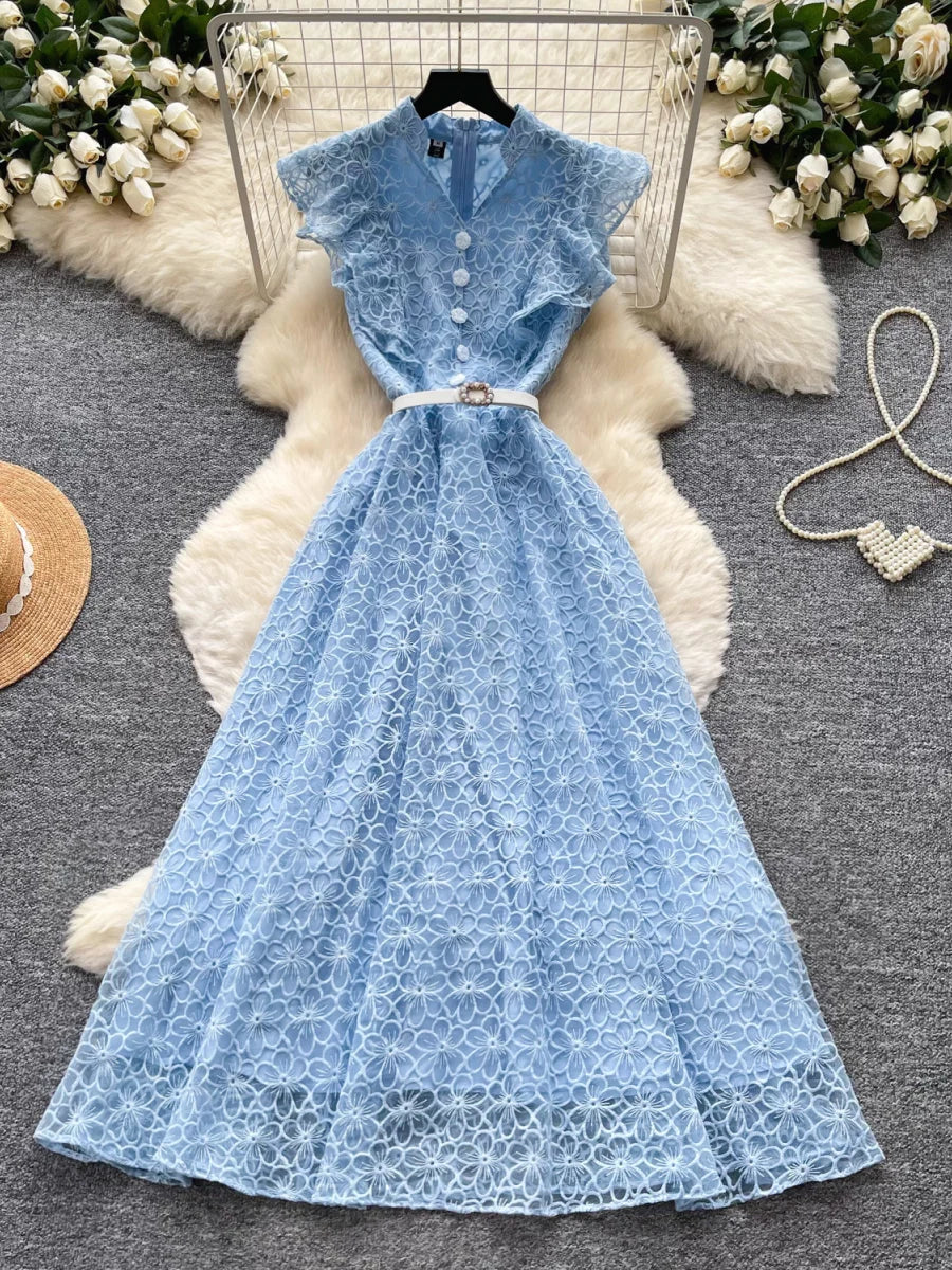A-Line/Princess V-Neck Lace Floral Wedding Guest Dresses Tea-Length Sleeveless with Belt