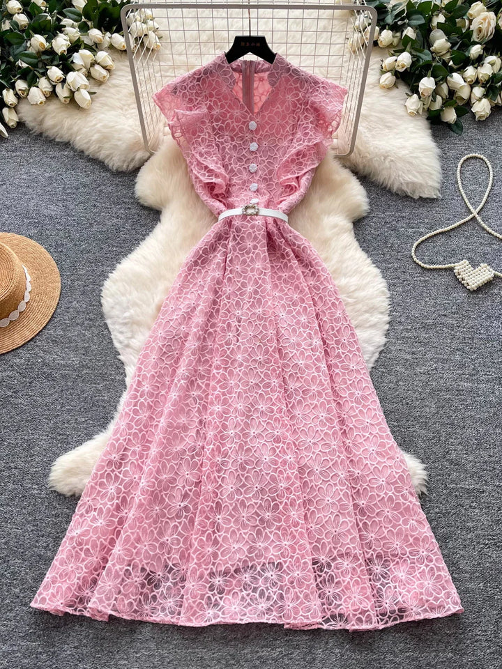 A-Line/Princess V-Neck Lace Floral Wedding Guest Dresses Tea-Length Sleeveless with Belt