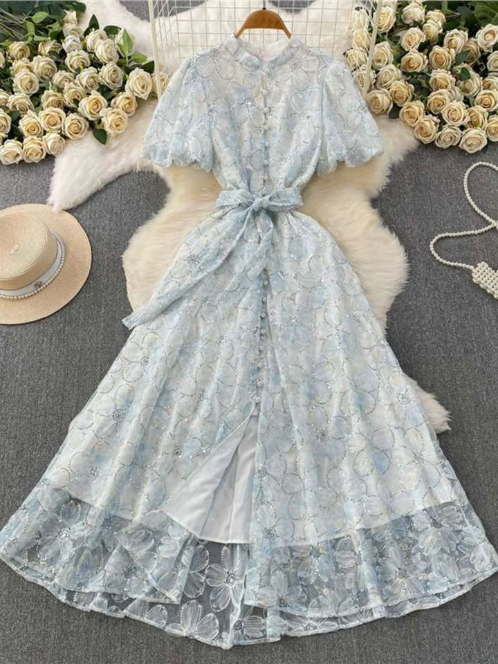 A-Line/Princess Scoop Lace Floral Wedding Guest Dresses Tea-Length Short Sleeves with Belt