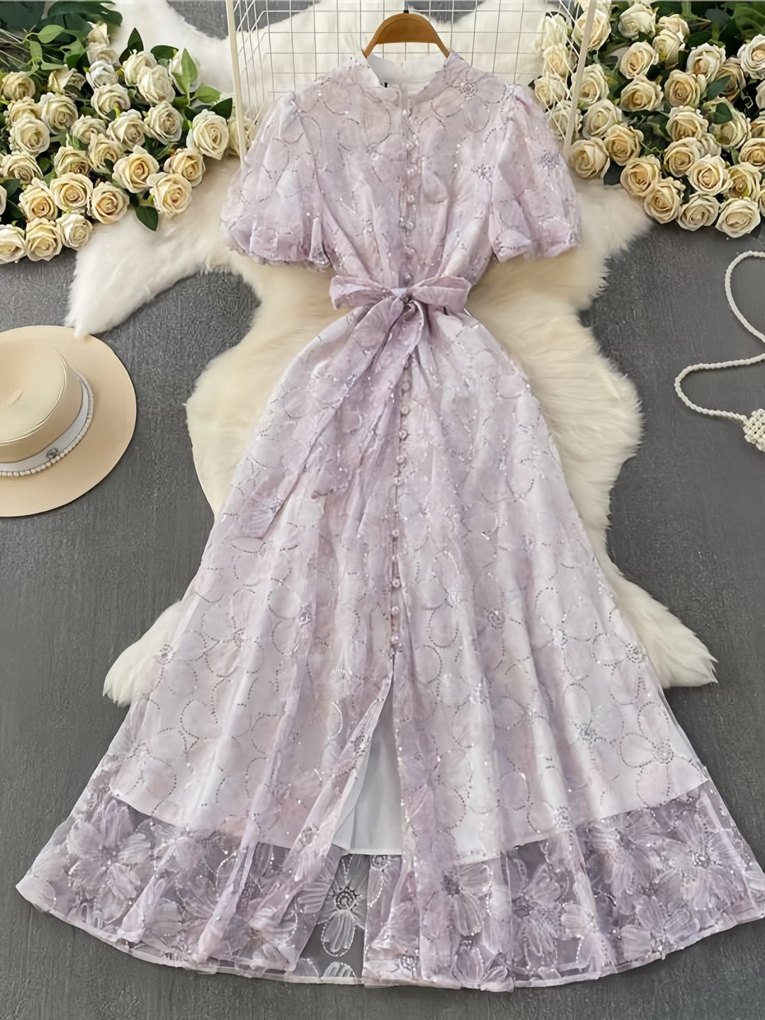 A-Line/Princess Scoop Lace Floral Wedding Guest Dresses Tea-Length Short Sleeves with Belt