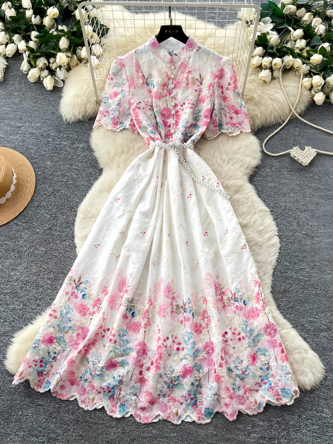 A-Line/Princess Scoop Floral Wedding Guest Dresses Tea-Length Short Sleeves with Belt
