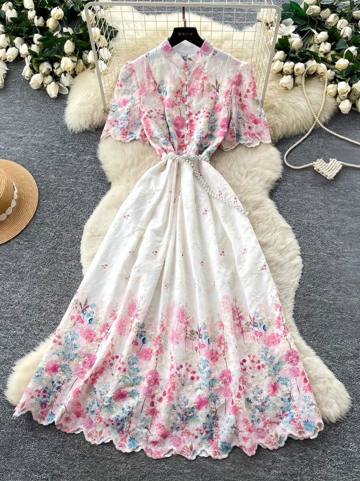 A-Line/Princess Scoop Floral Wedding Guest Dresses Tea-Length Short Sleeves with Belt