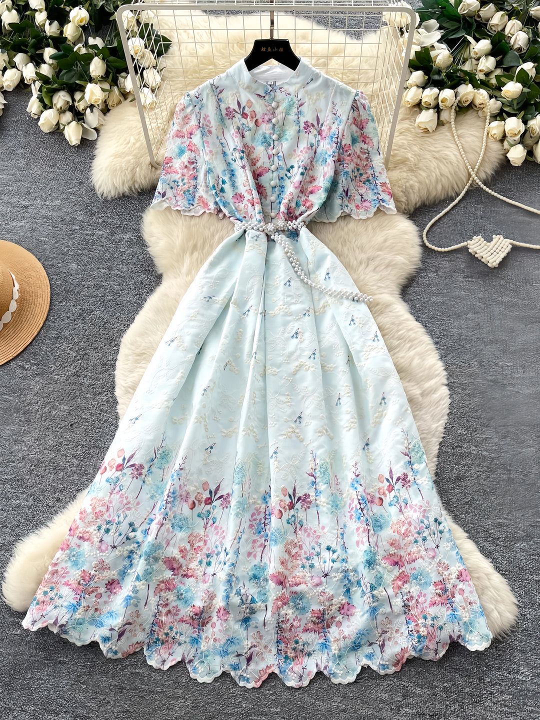 A-Line/Princess Scoop Floral Wedding Guest Dresses Tea-Length Short Sleeves with Belt