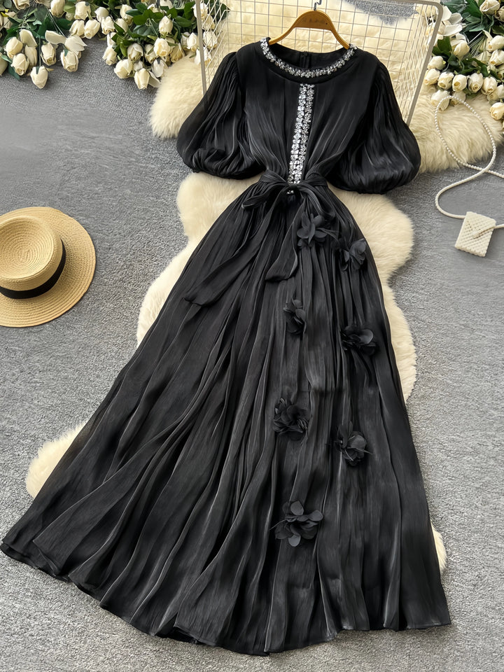 A-Line/Princess Scoop Floral Wedding Guest Dresses Tea-Length Short Sleeves with Belt
