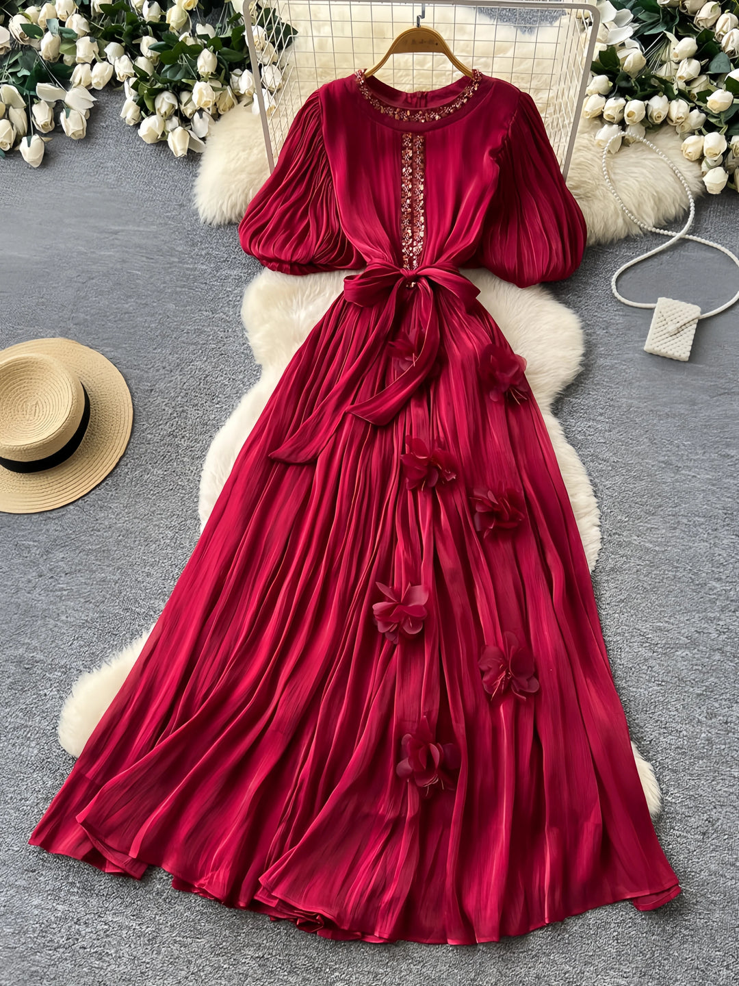 A-Line/Princess Scoop Floral Wedding Guest Dresses Tea-Length Short Sleeves with Belt
