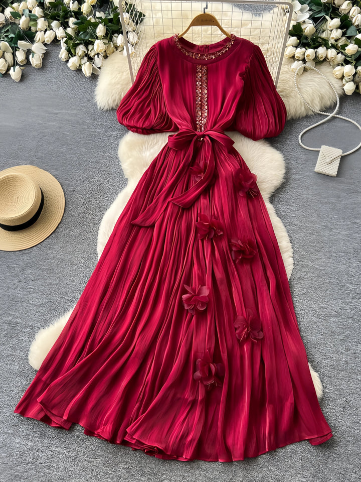 A-Line/Princess Scoop Floral Wedding Guest Dresses Tea-Length Short Sleeves with Belt